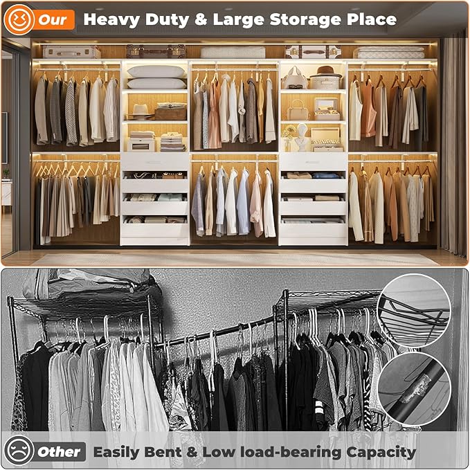 Aheaplus Closet System with Drawers Set of 2, Wood Closet Organizer System with 8 Hanging Rods & Top Shelves, Walk-in Closets Organizer Wardrobe Clothes Rack System, Cut Fits Spaces 4-9FT, White1