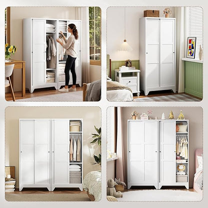 Letaya Metal Sliding Door Wardrobe Cabinets,68" Tall Armoire Wardrobe Closet with Sliding Doors and Shelves,Narrow Slim Coat Closet Cabinet with Hanging Rod,Space Saving for Home (White)