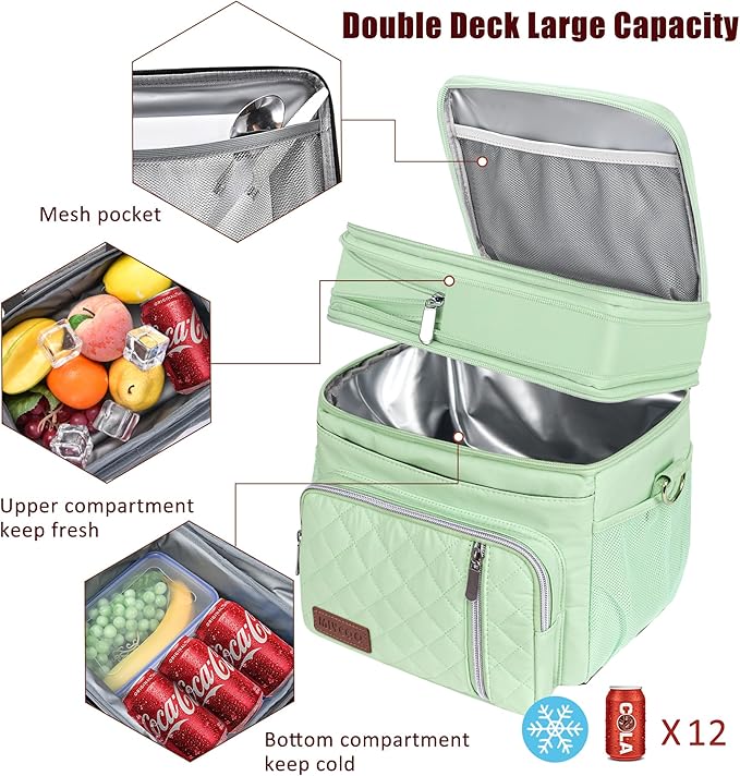 MIYCOO Lunch Bag & Lunch Box for Women Men, Double Deck Leakproof Insulated Soft Large Adult Camping Cooler bag for Work, Beach, Picnic, Travel (Green Quilted, 15L)