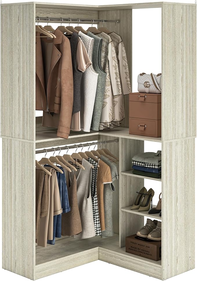 Unikito 36 Inch Corner Closet System, Large Freestanding Closet Organizer System with 2 Hanging Rods and Storage Shelves, Sturdy Walk in Tower, 36" W x 36" D x 80" H, White Oak