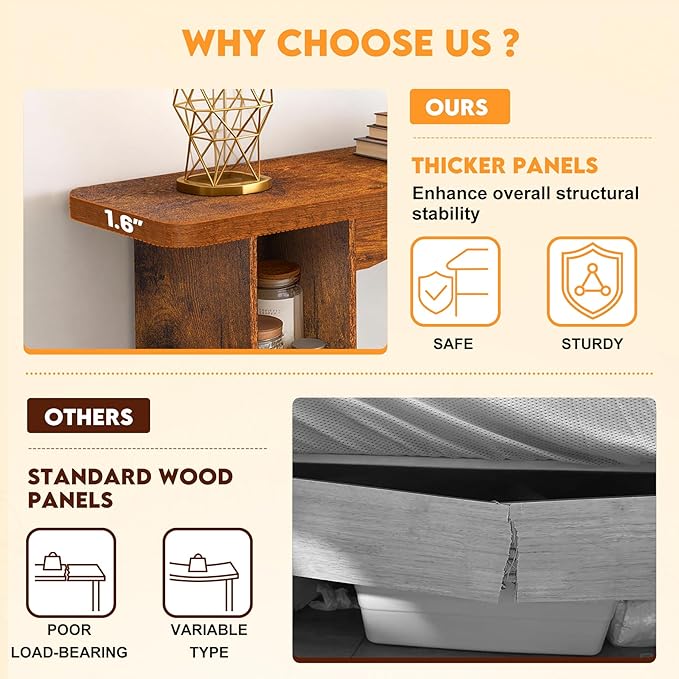55 Inch Entryway Table Single-Shelf Cabinet, 1.6 Inch Thick Desktop Wooden Console Table with Socket Farmhouse Sofa Table for Entrance, Hallway, Living Room,Behind Couch(Rustic Brown)