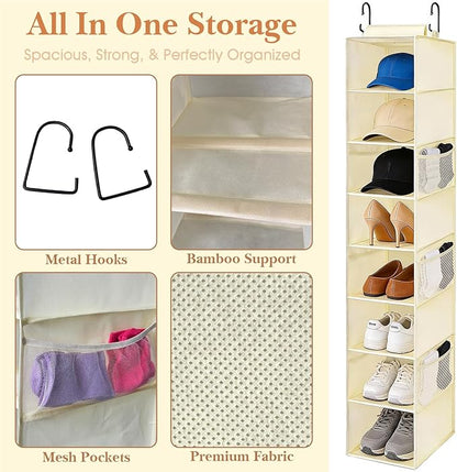 VERONLY Hanging Shoe Organizer for Closet with 8 Shelves,Mesh Pockets-Wider Hanging Shelves for Shoes,Clothes,Hats With Sturdy Bamboo-Supported Design (Beige)