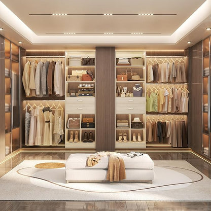 Closet System, 4-8 FT Closet Organizer Systems with 2 Wooden Drawers and 5 Hanging Rods, Can Fit 60 to 96 inch Walk-in Closet System, Greige Oak