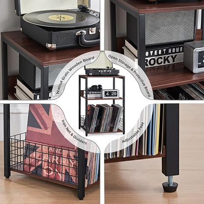 LELELINKY Walnut Oak 18" Wide End Table,3 Tier Large Record Player Stand with Storage Up to 130 Albums,Modern Turntable Stand, Records Vinyl Shelf for Living Room, Bedroom, Printer Desk for Home Office