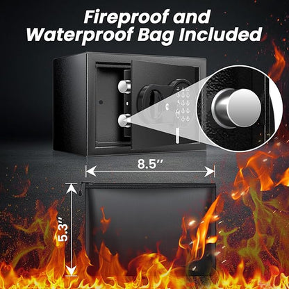 Safe Box with Fireproof Waterproof Bag, Home Safe with Keys & Pass Code & Wall Mount Kits, Money Safe with Smart Alert System for Money, Jewelry, and Documents, 0.5 Cu ft