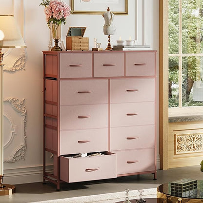 WLIVE Tall Dresser for Bedroom, Fabric Dresser Storage Tower, Chest of Drawers Organizer Unit with 11 Drawers, Storage Cabinet, Hallway, Closets, Steel Frame, Wood Top, Pink