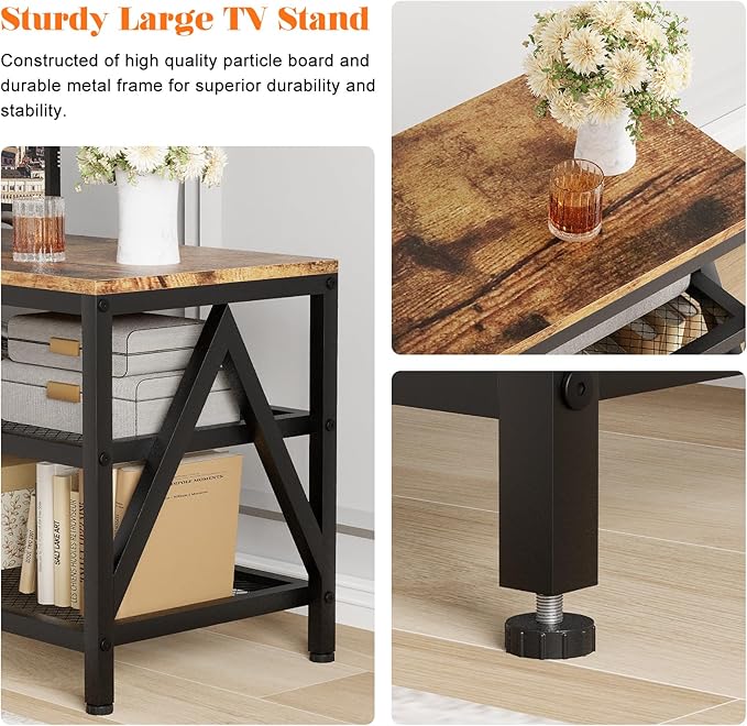 TV Stand for TVs up to 70 Inch, 63" Long Industrial TV Console Table with 3-Tier Storage Shelves, Entertainment Center for Living Room, Bedroom (Brown)