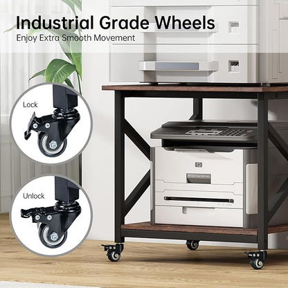 Large Printer Stand, 23.6 x 23.6 x 22.6 Inches Square Printer Table with Storage Shelf, 2 Tier Rolling Printer Cart with Industrial Wheels for Home Office - Rustic Brown
