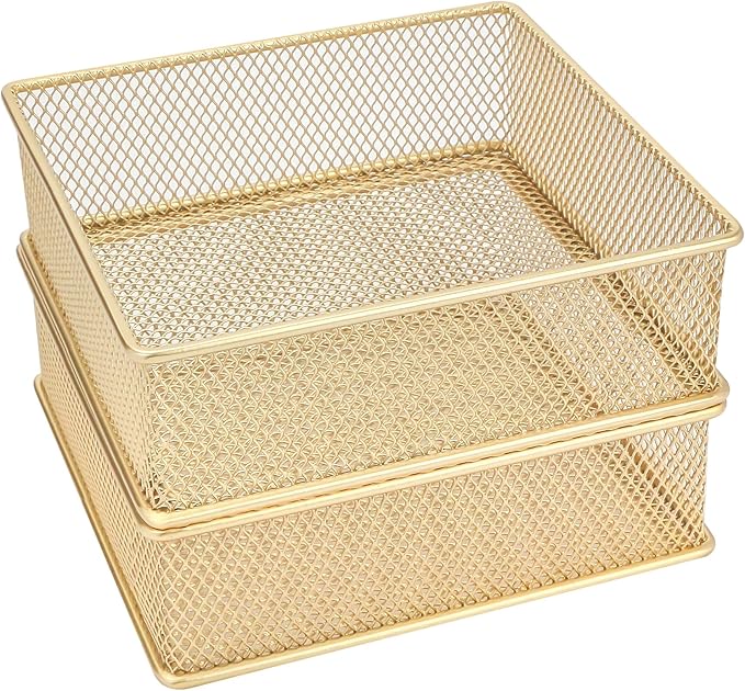 Annova Mesh Stackable Drawer Cabinet and Shelf Organizer Bins Storage Basket School Office Supply Holder Tray- Set of 2 (Gold, 6x6x2 Inch)