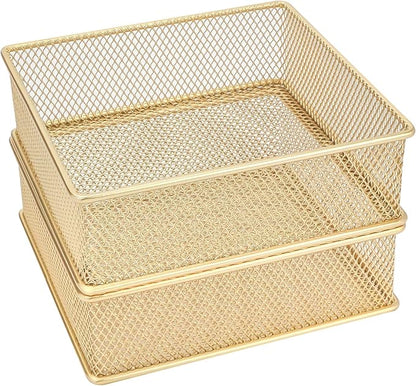 Annova Mesh Stackable Drawer Cabinet and Shelf Organizer Bins Storage Basket School Office Supply Holder Tray- Set of 2 (Gold, 6x6x2 Inch)