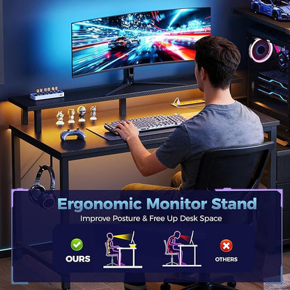 DUMOS L Shaped Gaming Desk with Shelves Storage Drawers 52'', Black Computer Desks with LED Lights Power Outlets, Office Wood Table with PC Stand Cable Management for Bedroom Dual Monitor Streaming