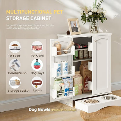 FIMELLO 31.7" High Dog Feeding Station with Feeding Bowls, Pet Organizers and Storage Adjustable Shelf, Dog Feeder Station, Pet Storage Cabinet for Cats and Dogs, White