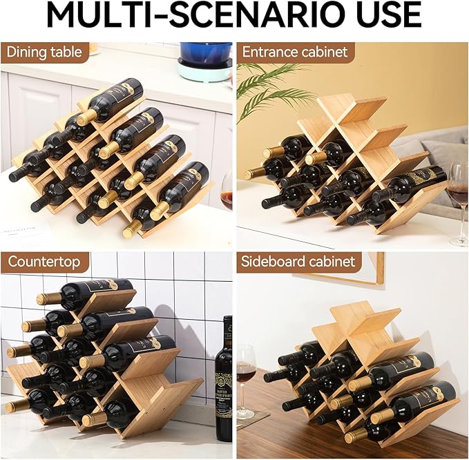 KIRIGEN Wooden 13-Bottle Wine Rack - Nature Wood 4-Tier Wine Display Rack/Free Standing and Countertop Storage Shelf - Bottle Holder/Cabinet Glass XHJJ4-NA