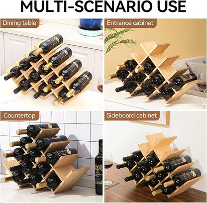 KIRIGEN Wooden 13-Bottle Wine Rack - Nature Wood 4-Tier Wine Display Rack/Free Standing and Countertop Storage Shelf - Bottle Holder/Cabinet Glass XHJJ4-NA