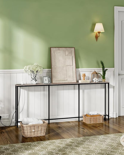 70.9" Narrow Console Table with Power Outlet 7.1" Skinny Sofa Table, Long Behind Couch with Charging Station for Hallway, Living Room Greige and Black TXG18UBG