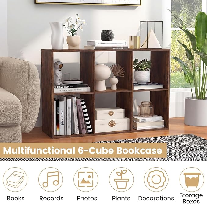 Giantex 6-Cube Bookcase, Cubby Bookshelf w/Back Guardrail & Anti-Tipping Kits, 9-Tier Freestanding Storage Organizer with Shelves, Open Back Display Rack for Living Room, Bedroom, Study, Rustic Brown