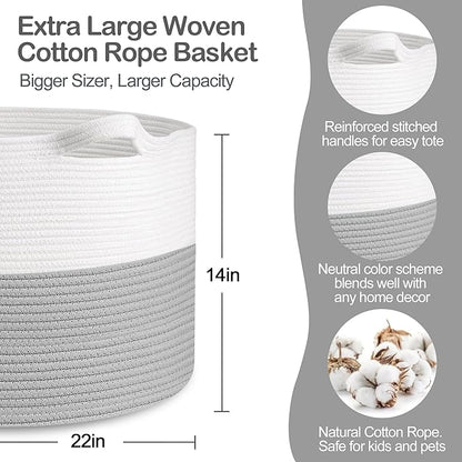 XXXL Large Cotton Rope Storage Bin, 22" X 14" Basket for Blankets Living Room, Woven Baby Kids Toy Storage Bin Box, Giant Throw Pillow Organizer Holder, Large Wicker Basket for Shoes, Gray