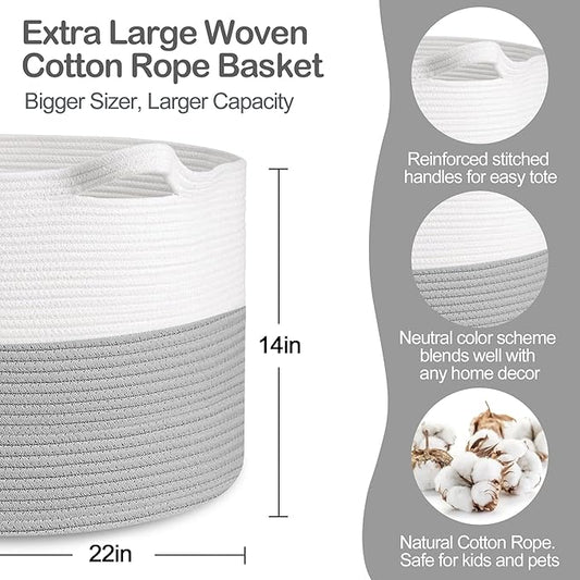 XXXL Large Cotton Rope Storage Bin, 22" X 14" Basket for Blankets Living Room, Woven Baby Kids Toy Storage Bin Box, Giant Throw Pillow Organizer Holder, Large Wicker Basket for Shoes, Gray