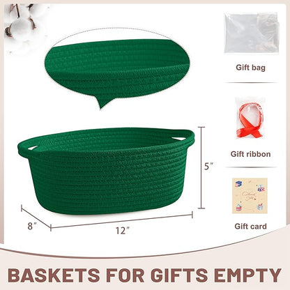 Small Woven Green Gifts Basket for Storage Empty with Ribbons and Bags Durable Cute Gifts 12"X 8" X 5" Small Rope Basket for Gifting