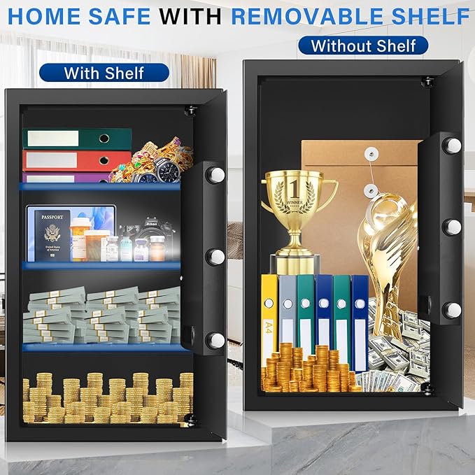 23.62 inches Tall Safe Box, 4.4 Cuft Home Safe with Fireproof Waterproof Bag, Anti-Theft Digital Security Lock Box with Smart Alert System, Removable Shelf, Mute Function, Document Safes for Jewelry