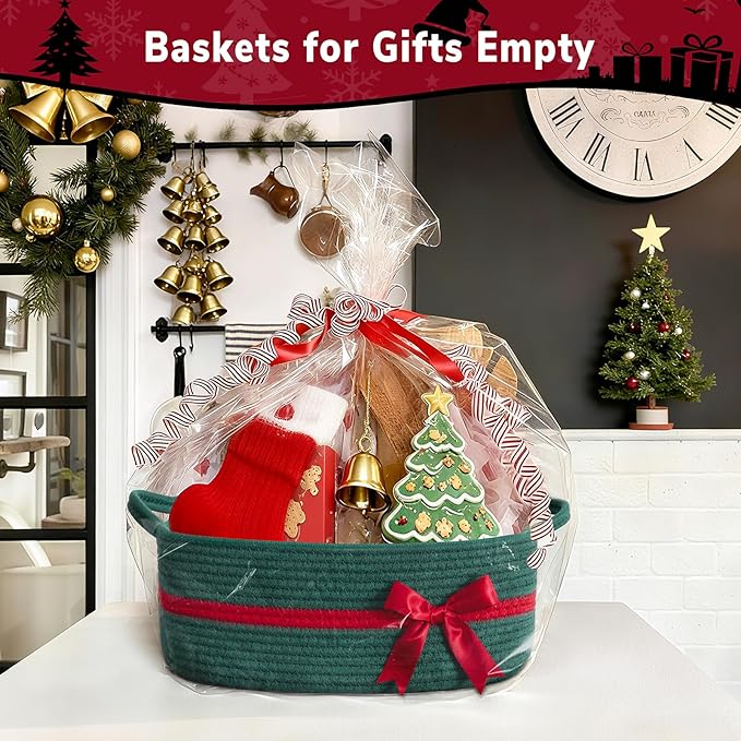 CHICVITA Small Storage Basket for Gifts, Cute Rope Gift Baskets for Christmas, Decorative Rectangle Woven Basket with Handles for Towels, Toys, 13"x 10"x 5", Green