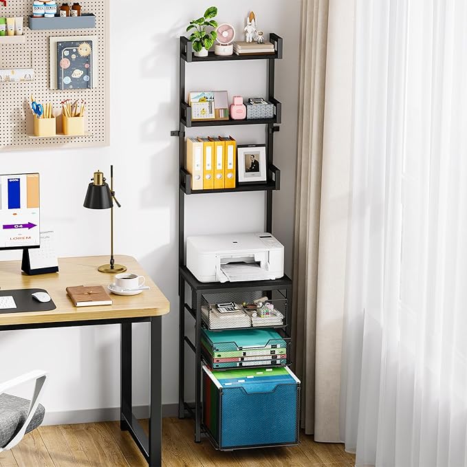 3-Drawer File Cabinet with 3 Shelves, 61" Tall Vertical Filing Cabinet for Home Office, Metal Mesh Drawers with Small Printer Stand, Fit for Letter Files, Black