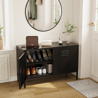 Metal Storage Cabinet with 2 Doors and Adjustable Shelves, Wide Metal Locker, Low Storage Cabinet, Accent Cabinet, TV Stand, Media Cabinet for Home, Office, Living Room, Kitchen, Music Studio, Black