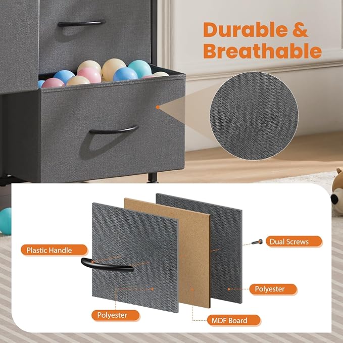 Sweetcrispy Dresser for Bedroom Tall Drawer Dresser Organizer Storage Drawers Fabric Storage Tower with 10 Drawers, Chest of Drawers with Fabric Bin, Steel Frame, Wood Top for Bedroom