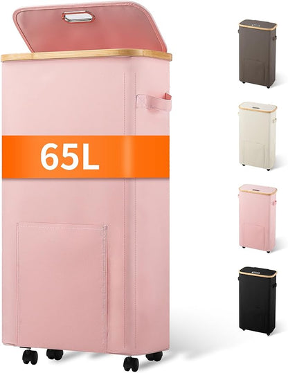 Laundry Basket with Wheels, Tall Dirty Clothes Hamper on Wheels, Rolling Laundry Hamper with lid for Dorm, Bedroom and Bathroom