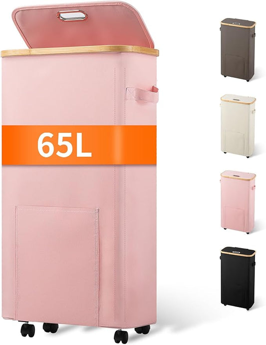Laundry Basket with Wheels, Tall Dirty Clothes Hamper on Wheels, Rolling Laundry Hamper with lid for Dorm, Bedroom and Bathroom