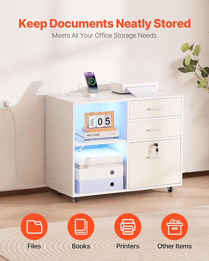 VEVOR 3 Drawer Wooden File Cabinet, Mobile Filing Cabinet with Light Strip, Lockable Rolling File Storage with Adjustable Shelves & 5 Wheels, Free Standing Printer Stand for Home Office School, White