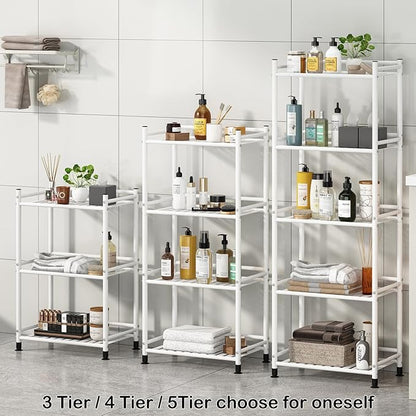 5 Tier Bathroom Storage Open Shelf Unit, Free-Standing Metal Corner Rack Shelving for Kitchen, Living Room, Hallway (White, Wider 5 Tier)