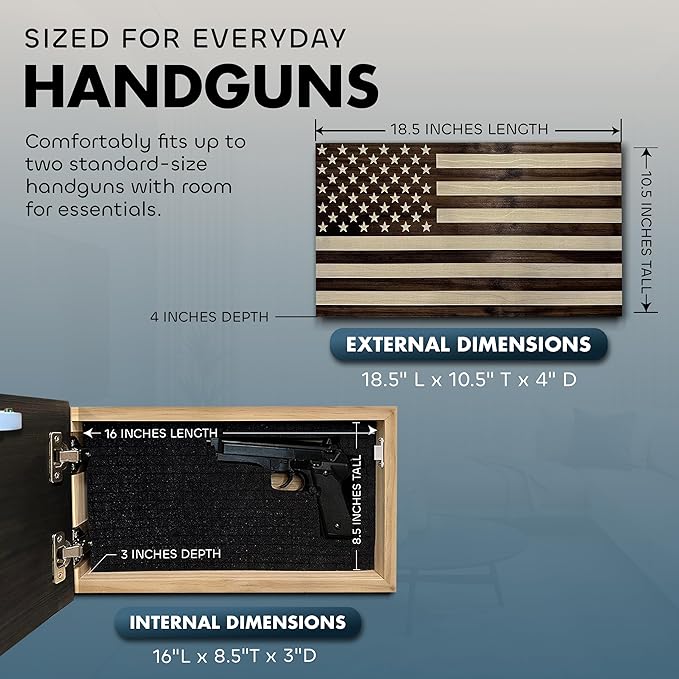 American Flag Hidden Gun Safe - Quick Access Hidden Gun Shelf - Concealment Shelf with Magnetic Lock - Wall Gun Safe for Secure Firearm Storage - Handcrafted In USA by Bellewood Designs (Dark Walnut)