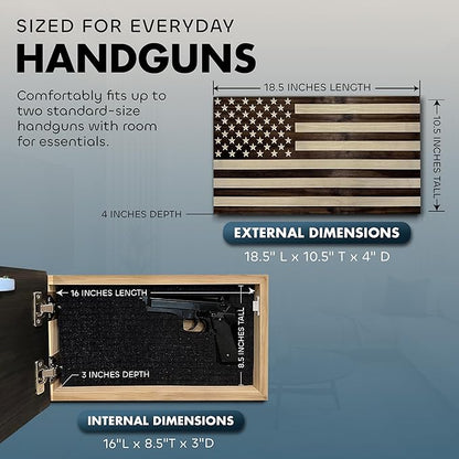 American Flag Hidden Gun Safe - Quick Access Hidden Gun Shelf - Concealment Shelf with Magnetic Lock - Wall Gun Safe for Secure Firearm Storage - Handcrafted In USA by Bellewood Designs (Dark Walnut)
