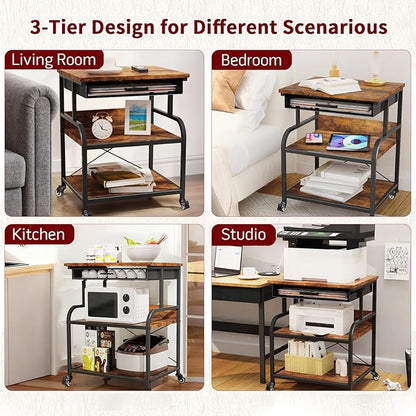 TFK 3-Tier Printer Stand with Drawer, Adjustable Shelf, Rolling Casters, 23.6 x 18.9 x 30 Inch Heavy Duty Printer Cart for Home Office, Large Printers, 3D Printers, Fax & Heat Press, Brown