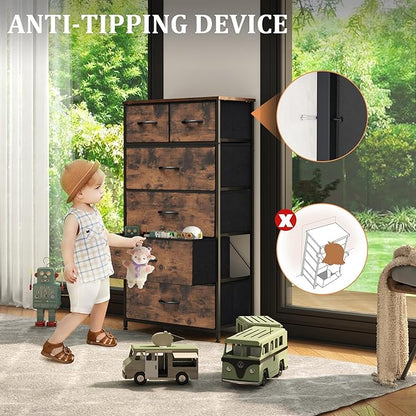 Fabric Dresser for Bedroom, Tall Skinny Dresser with 6 Drawers, Storage Organizer Tower, Steel Frame Wooden Top for Closet, Living Room, Hallway(Rustic Brown)