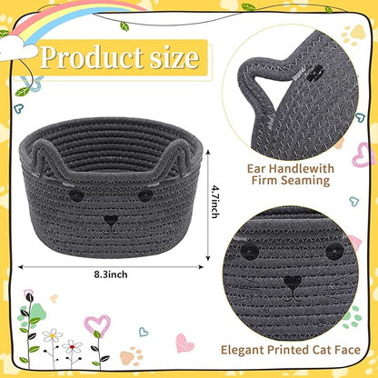 Zopeal Cat Basket Storage Woven Organizer with Ears Easter Decorative Gift Pet Toy Cute Cotton Rope Basket for Gift Cat Dog Toy Bin Nursery Room(8.3 x 4.7 Inch,Gray)