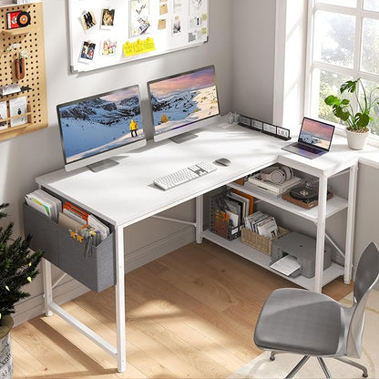 EnHomee 48 Inch L Shaped Computer Desk with Storage Shelves & Side Bag, Office Desk with Power Outlets, Small Corner Desk for Gaming Working Small Space Home Office Bedroom, Study Writing Table, White