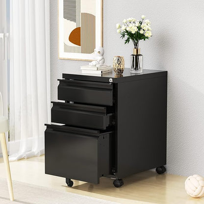 3 Drawer Mobile File Cabinet with Lock,Under Desk Rolling File Cabinet for Home Office Fits Legal/Letter/A4 File (Unassembled,Black)