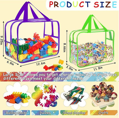 6 Colors Widen X-Large Toy Storage Bags 12.6×9.25×6.9In with Labels, Reusable Clear PVC Board Game Storage, Travel Waterproof Organizer Bags with Zipper for Building Blocks, Puzzle, Stuffed Animals