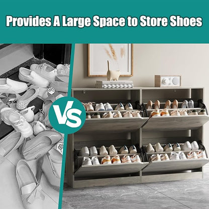 Shoe Storage Cabinet for Entryway with 4 Flip Drawers, Sturdy Wood Hidden Shoe Storage, Freestanding Narrow Slim Shoe Organizer for Front Door Entrance, Living Room, Hallway, Bedroom, Grey