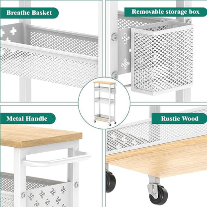 Slim Storage Cart 4 Tier Laundry Cart with Wheels, Narrow Metal Kitchen Rolling Carts Bathroom Organizers Storage Shelf with Wood Rack and Handle for Small Space