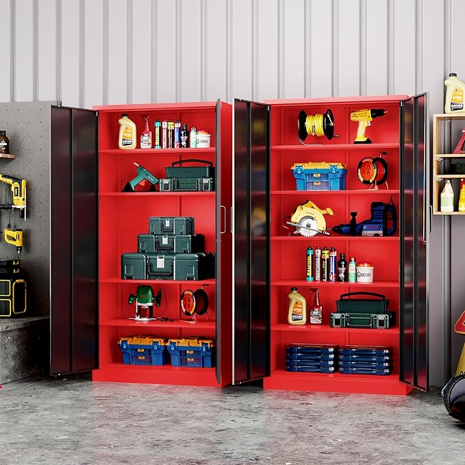 Metal Garage Storage Cabinet with Lock,72 Inch Tall Cabinet with 2 Doors and 5 Adjustable Shelves,Steel Storage Cabinets for Garage,Home Office,Pantry,School(Red & Black)