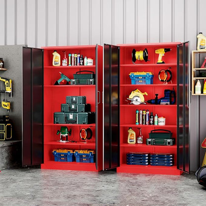 Metal Garage Storage Cabinet with Lock,72 Inch Tall Cabinet with 2 Doors and 5 Adjustable Shelves,Steel Storage Cabinets for Garage,Home Office,Pantry,School(Red & Black)