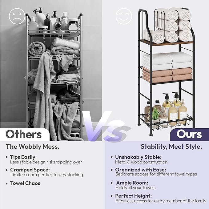 SWTYMIKI Free Standing Towel Rack - 3 Tier Towel Racks for Bathroom with M-Shaped Dividers, Durable Metal Towel Holder, Pool Towel Rack, Space-Saving Towel Storage Organizer, Modern Bath Towel Shelf
