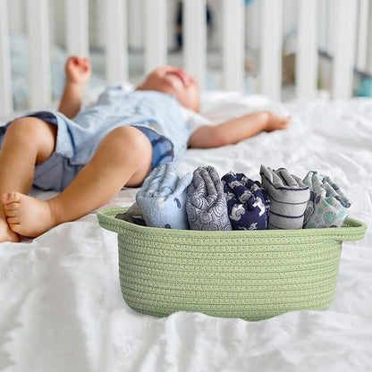 Small Woven Gift Basket, Baskets for Gifts Empty, Cotton Rope Cat Dog Toy Bin Box, Nursery Baby Basket, Wicker Basket with Handles, Shelf Storage Basket for Home Decor, Green, 12"x 8"x 5"