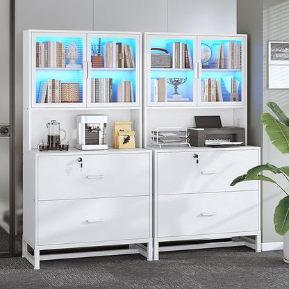SEDETA 2 Drawer File Cabinet with Lock, Charging Station and Bookshelf, Filing Cabinet Fits Letter, Legal, A4 Size, Wood File Cabinets for Home Office, Printer Stand with Storage Shelf, White