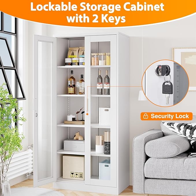 Tall Display Storage Cabinet with Tempered Glass Door, Metal Cabinet with 4 Adjustable Shelves for Home,Study,Living Room and Office (White)