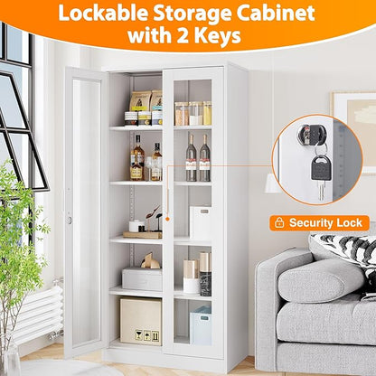 Tall Display Storage Cabinet with Tempered Glass Door, Metal Cabinet with 4 Adjustable Shelves for Home,Study,Living Room and Office (White)