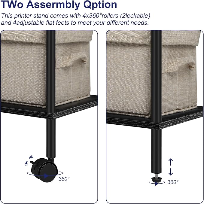 Shinoske Black Printer Stand with Storage,3 Tier Large Printer Table with Wheels for Home Office,Rolling Printer Cart with Storage Shelf,for Under Desk,Living Room,Kitchen